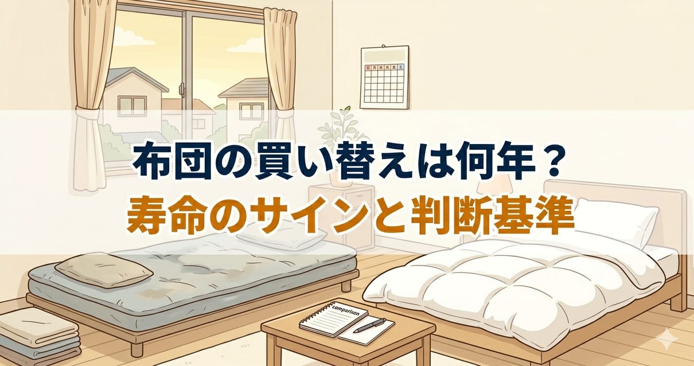 寝室に古くへたった布団と新しいふっくらした布団が並んでいるイラスト。「布団の買い替えは何年？寿命のサインと判断基準」のテキスト入り。
